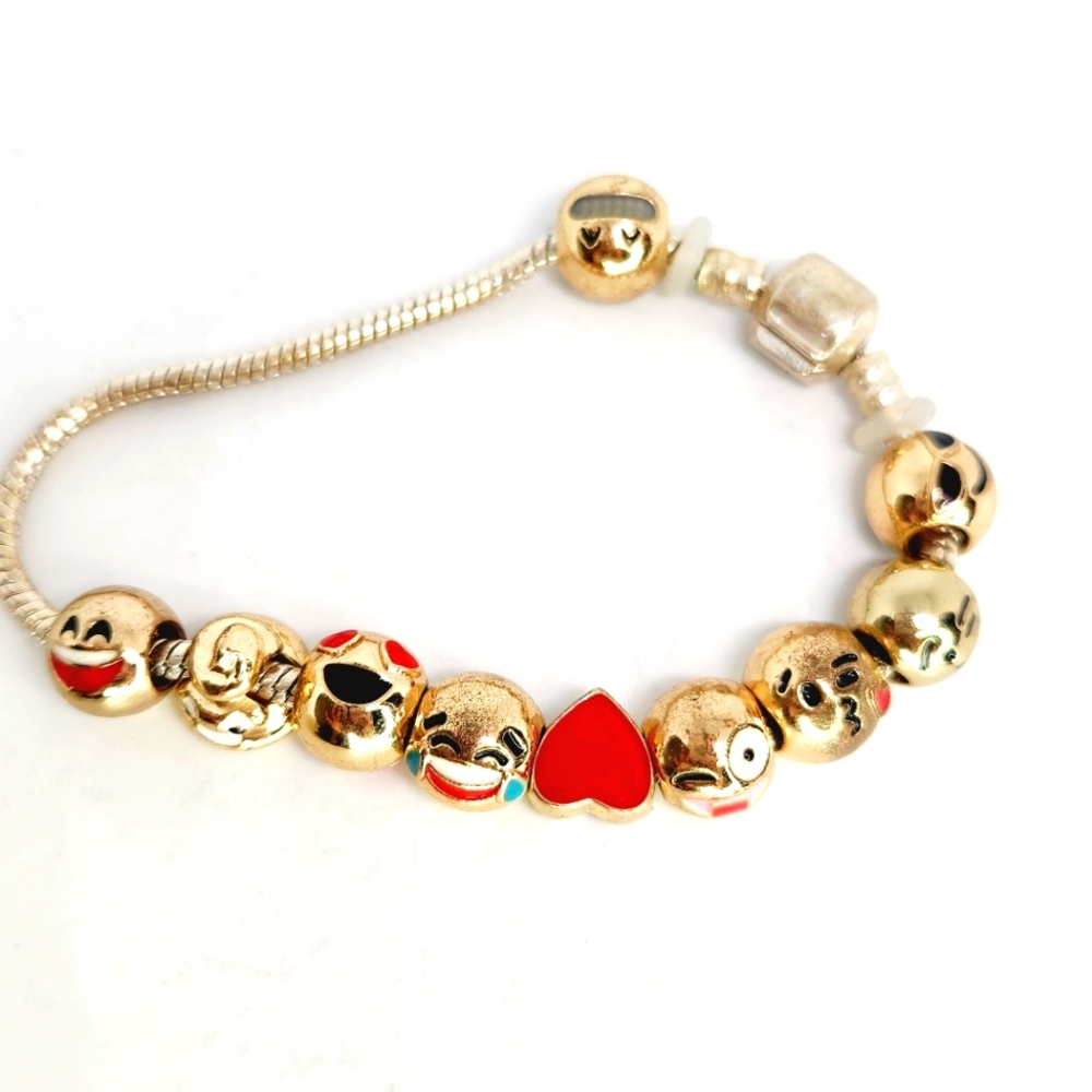 Vintage Emoji Face Characters European Slide Charm Y2k Bracelet Gold Plated 7.5"